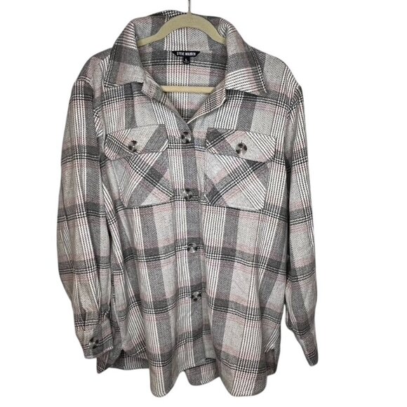 Steve Madden Womens High Noon Plaid Button-Up Shacket Jacket Large Pink Brown - Picture 1 of 7